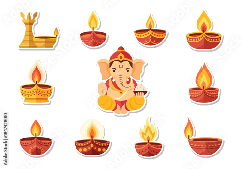 Diwali Celebration with Lord Ganesha and Traditional Oil Lamps
