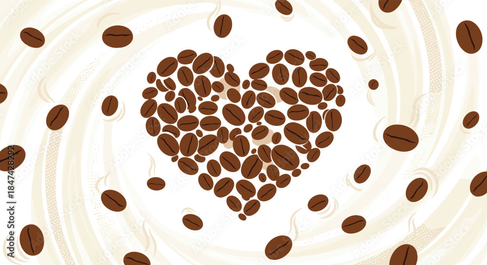 Obraz premium A romantic heart shape crafted from numerous dark brown coffee beans, with aromatic individual beans swirling on a creamy, latte art-inspired background.