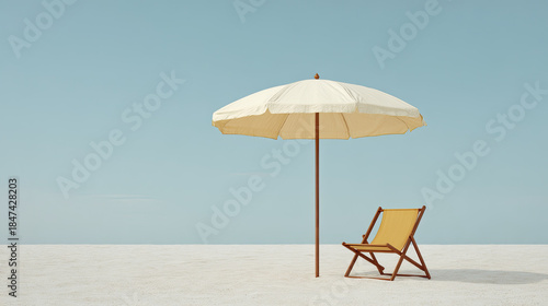 Beach umbrella and lounge chair under clear sky relaxing scene