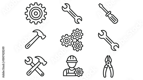 Bold line icons displaying essential construction and maintenance tools for various technical projects