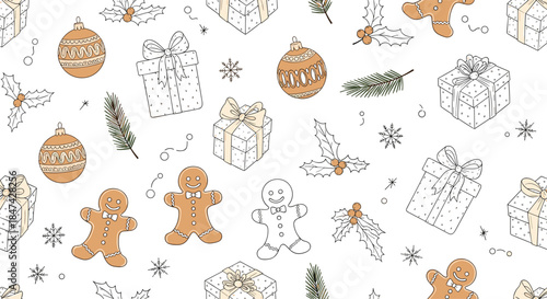 Festive seamless pattern with hand-drawn Christmas elements including gingerbread men, gift boxes, ornaments, and holly.