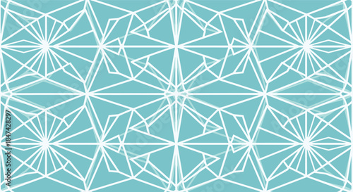 A vibrant and abstract seamless geometric pattern featuring intersecting white lines forming star-like and crystalline shapes on a solid teal background.