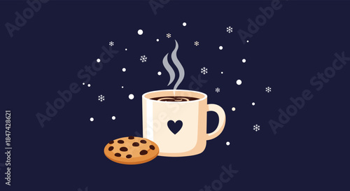 A cozy steaming mug of hot coffee or cocoa with a heart design and a chocolate chip cookie, against a dark blue background with falling snow.