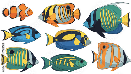A vibrant assortment of captivating marine creatures showcasing diverse patterns and brilliant hues, illustrating an enchanting undersea world with