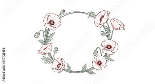 A delicate and elegant hand-drawn wreath of poppy flowers and buds with green leaves, suitable for various decorative purposes.