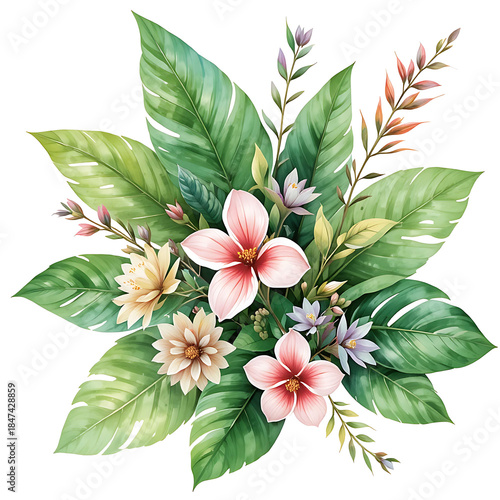 Watercolor of Tropical spring floral green leaves and flowers s isolated on transparent png background, with Generative Ai.