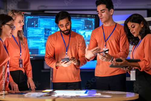 A diverse tech event team in matching orange uniforms collaborates in a high-tech control room, coordinating logistics by analyzing real-time data on a tablet and smartphone.