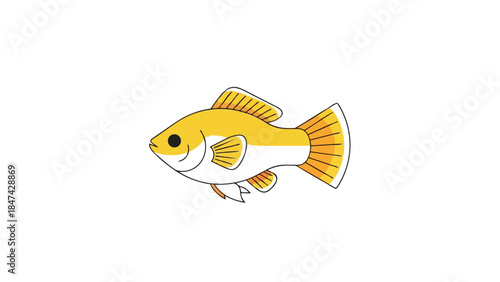 A vibrant yellow and white cartoon fish swimming gracefully in a clear empty space
