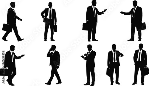 Businessman silhouettes, professional activity vector, corporate behavior illustration, black and white art, cad drawing flat vector illustration, office lifestyle icon set