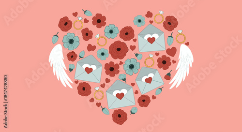 Romantic heart shape filled with flowers, love letters, engagement rings, and angel wings on a pastel pink background for Valentine's Day.