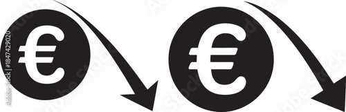 Euro currency symbol falling down arrow icon set, finance decline concept