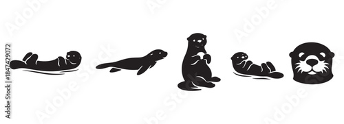 Sea Otter Silhouette Set – Swimming, Floating and Face Icon