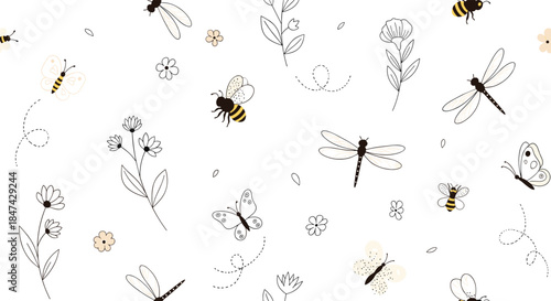 Seamless pattern with hand-drawn bees, butterflies, dragonflies, and flowers on a white background, featuring a minimalist and delicate nature theme.