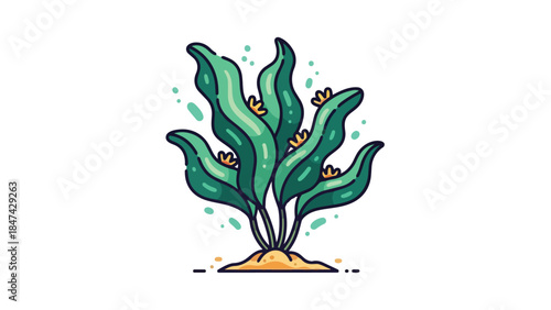 Stylized Illustration of a Vibrant Green Seaweed Plant with Small Yellow Flower Accents on a Sandy Seabed