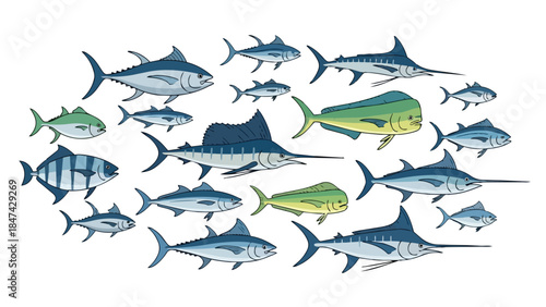 Diverse school of ocean fish species illustration