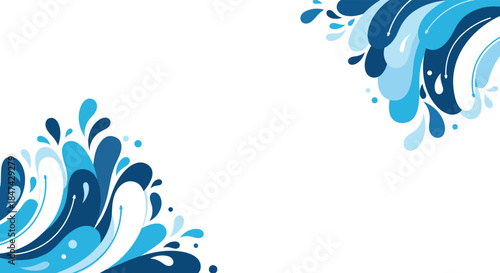 Abstract blue water splashes and droplets in opposing corners, creating a fresh and dynamic decorative frame on a white background.