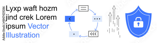 Data security, digital growth, encryption tools, protection strategy, workflow processes, and cybersecurity. Circular workflow diagram with arrows and a shield lock symbol. Data security