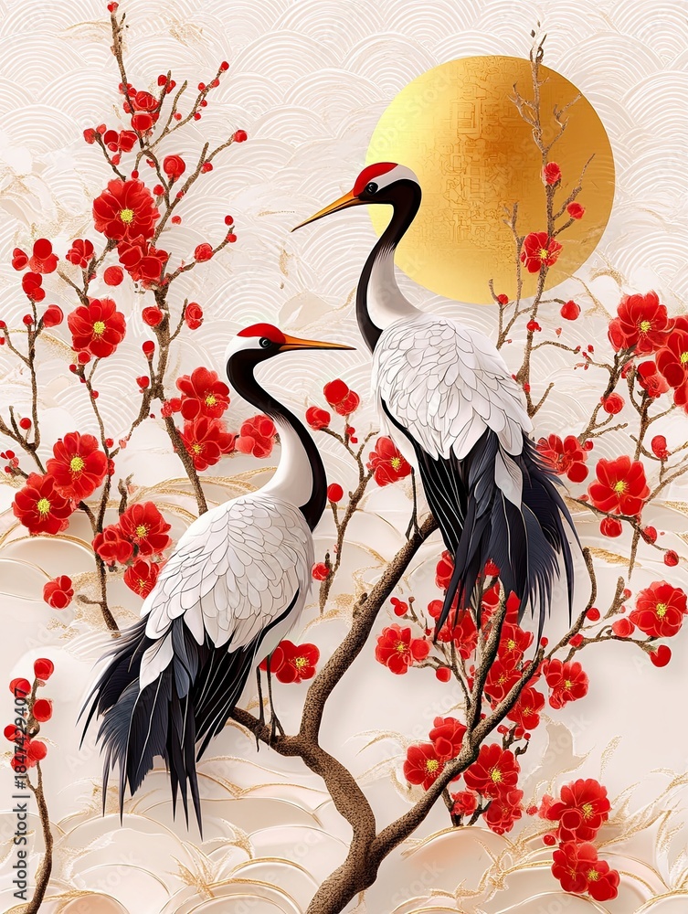 Obraz premium Elegant Japanese New Year Card Design with Cranes