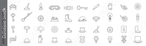 Steampunk and retro invention line icon set – editable outline symbols of goggles, gear, key, hat, boot, lamp and balloon