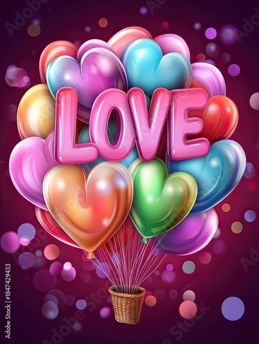 Romantic Scene with Colorful Heart Balloons