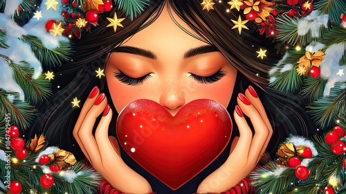 Romantic Winter Illustration with Woman Cradling Heart
