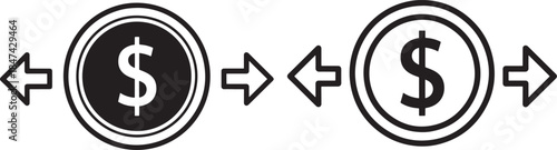 Money exchange bidirectional arrows icon set with dollar coins