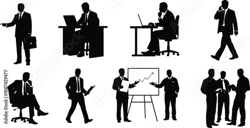 Businessperson silhouettes, office activity vector, corporate interaction illustration, black and white art, cad drawing flat vector illustration, workplace scenario icons