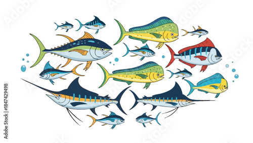 Vibrant School of Diverse Saltwater Game Fish Illustrating Oceanic Biodiversity and Aquatic Life