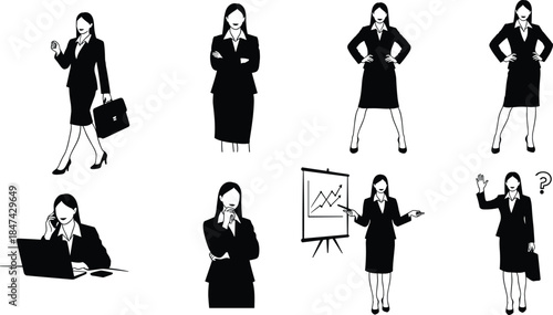 Businesswoman silhouettes, professional activity vector, corporate behavior illustration, black and white art, cad drawing flat vector illustration, office lifestyle icon set