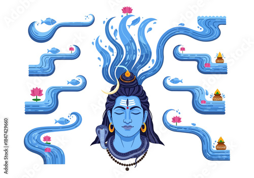 Lord Shiva with Flowing Ganges River Illustration