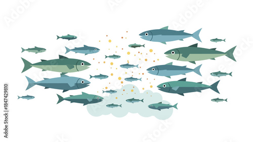 A vibrant school of animated fish swimming in formation across a clean white background depicting marine life and aquatic ecosystems in motion