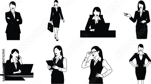 Businesswoman silhouettes, professional posture vector, office activity illustration, black and white art, cad drawing flat vector illustration, corporate lifestyle icon set