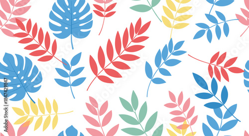 Colorful seamless pattern with various tropical leaves on a white background, perfect for summer and spring designs.