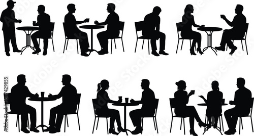 Cafe silhouettes, people sitting and talking, social interaction vector, black and white art, cad drawing flat vector illustration, restaurant table conversation scene