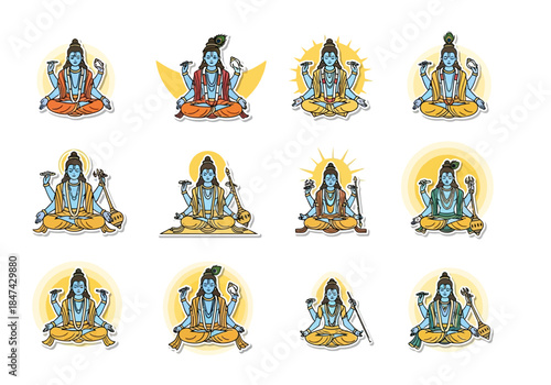 Lord Shiva Illustrations Set Hindu God Meditating Icons