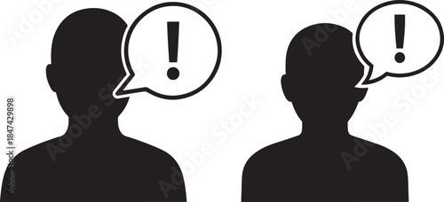 Silhouette of people with exclamation mark speech bubble icon set
