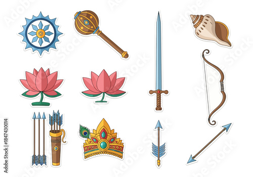 Hindu Deities' Symbolic Objects Lotus, Mace, Sword, and Conch