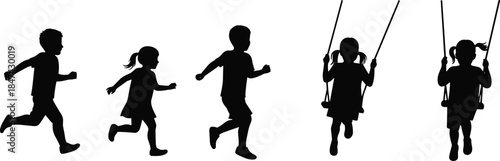 Children running and swinging silhouettes, playful kids activity, outdoor fun, childhood motion, black vector art, white background, cad drawing flat vector illustration