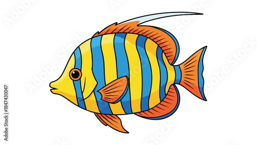 Vibrant cartoon illustration of a striped marine fish with yellow and blue vertical markings and orange fins swimming
