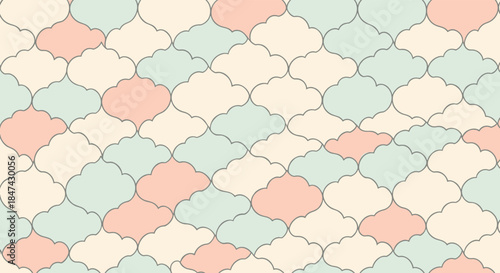 Seamless pastel pattern featuring interlocking textured cloud-like or quatrefoil shapes in gentle peach, light blue, and cream.