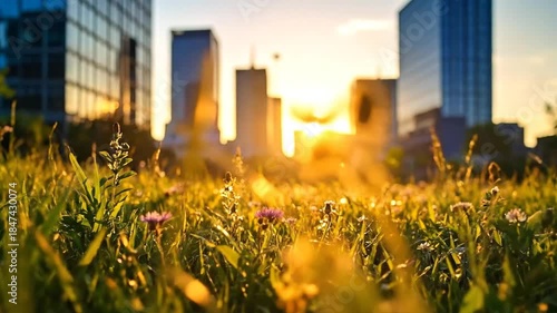 Cityscape Sunrise: Flowers and Skyscrapers in Golden Light