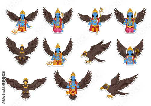 Garuda, the Mythical Bird Creature, in Various Poses Vector Illustration