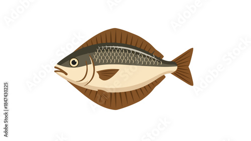 Stylized flatfish illustration featuring detailed scales and fins, isolated on a clean white background for versatile use
