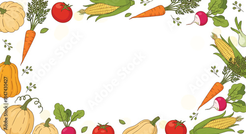 Illustrated border of diverse fresh vegetables and autumn harvest produce on a white background, perfect for seasonal designs and healthy food themes.