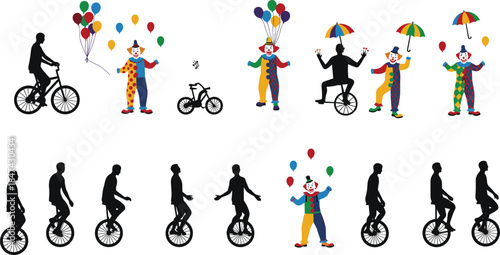 Clown and unicycle silhouette, circus scene, playful interaction, balloon holding, comic contrast, black vector art, entertainment theme, cad drawing flat vector illustration