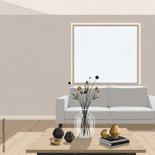 Modern living room with white sofa coffee table and abstract decor minimalist interior design for home staging and decor concepts