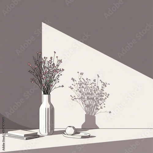 Minimalist still life with delicate wildflowers in a ribbed vase casting a soft shadow on a neutral wall perfect for home decor and interior de