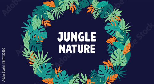 A vibrant circular frame of green and orange tropical leaves surrounds the text 'Jungle Nature' on a deep blue background.