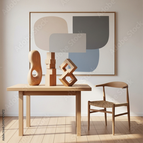 Modern Scandinavian interior with wooden table chair and abstract art minimalist decor for home staging and design