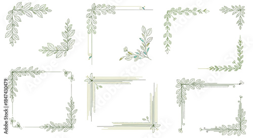 Collection of elegant vector corner borders and frames with delicate leafy and ornamental designs in green hues, isolated on white.